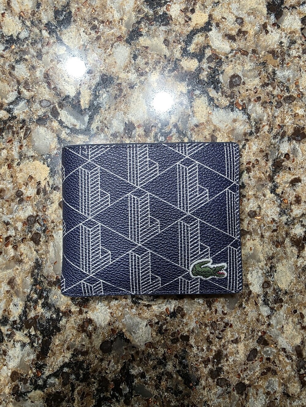 Lacoste Navy Geometric Bifold Wallet with Green Croc Patch
